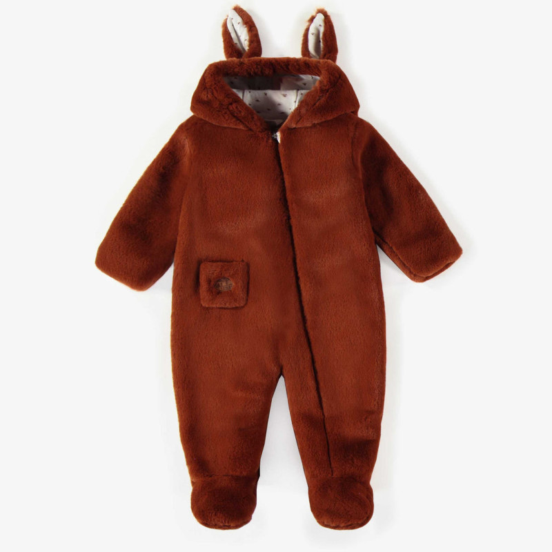 Rust one-piece with integrated feet in faux fur, newborn