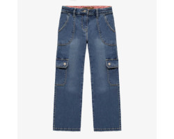 Regular-fit wide-leg cargo pants in stretch twill denim, medium blue, child