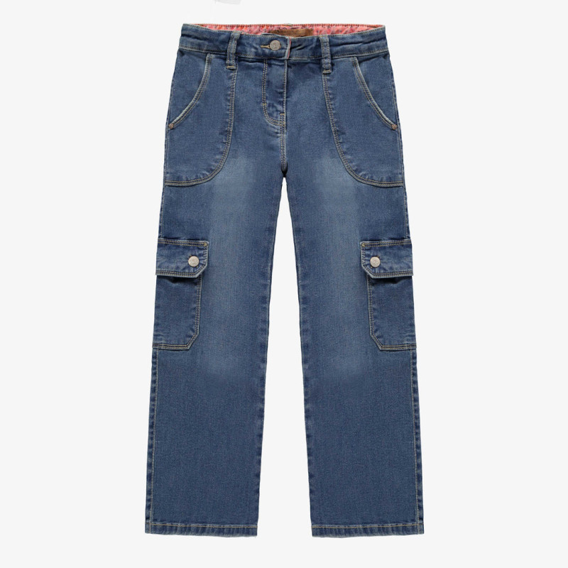 Regular-fit wide-leg cargo pants in stretch twill denim, medium blue, child