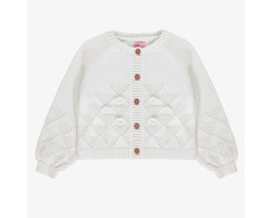 Loose-fitting white pointelle knit vest with 3D appliqué of crocheted flowers, child