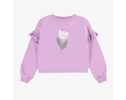 Loose-fitting lilac sweater with tulip motif in french cotton, child