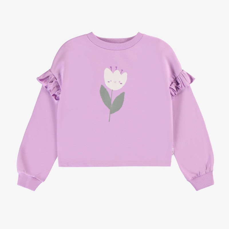 Loose-fitting lilac sweater with tulip motif in french cotton, child