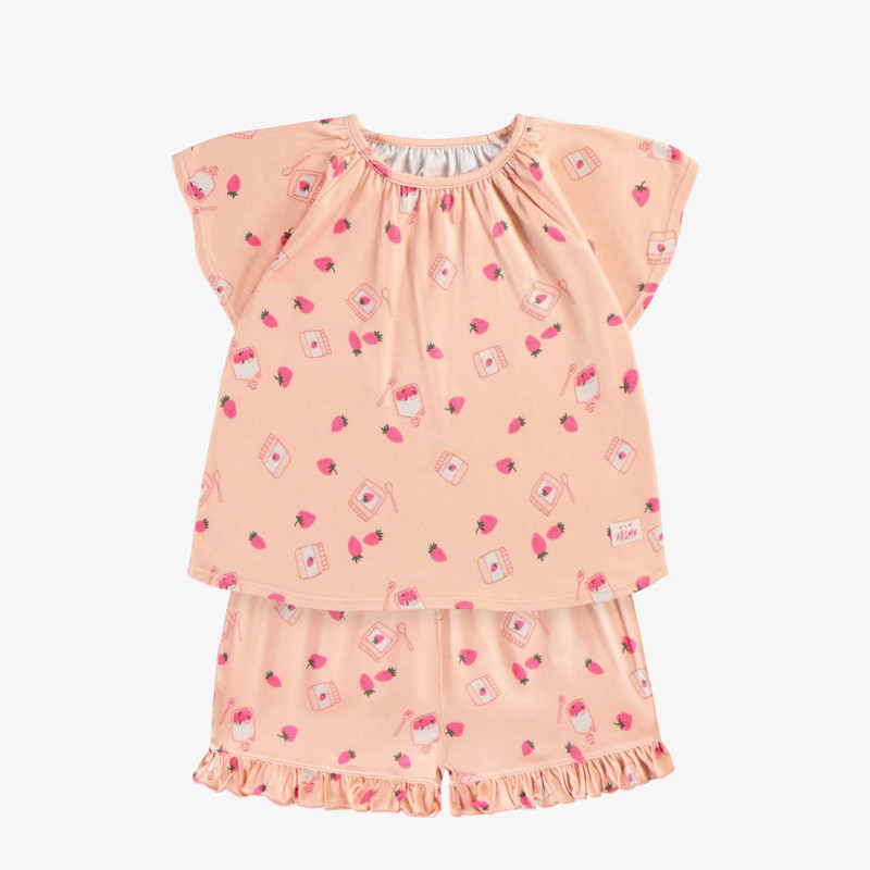 Two-piece peach pyjamas with strawberry and jam all over print in soft polyester, child