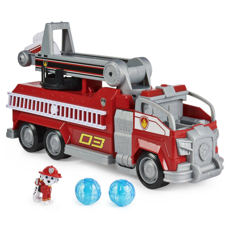 PAW Patrol, Transforming City Firetruck de Marcus tiré du film, avec échelle télescopique, effets sonores et lumineux et figuri