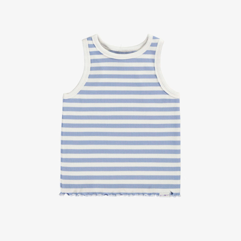 Fitted camisole with white and celestial blue stripes in stretch rib knit, child