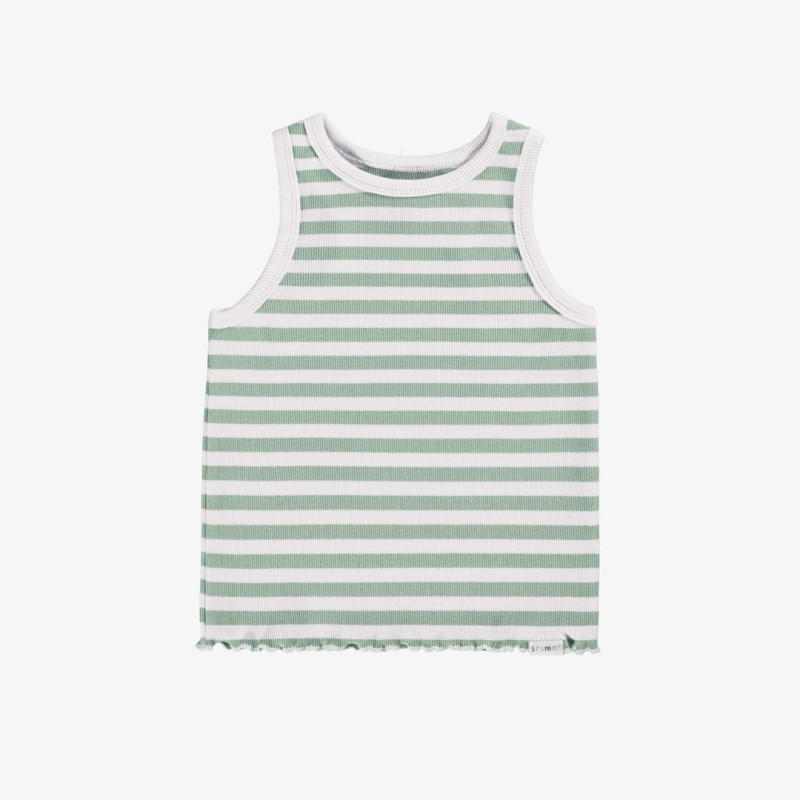 Fitted camisole with white and sage green stripes in stretch rib knit, child