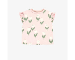 Loose-fitting pink t-shirt with tulip all over print in stretch jersey, child