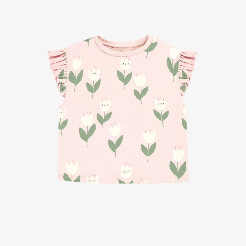 Loose-fitting pink t-shirt with tulip all over print in stretch jersey, child