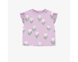 Loose-fitting lilac t-shirt with tulip all over print in stretch jersey, child