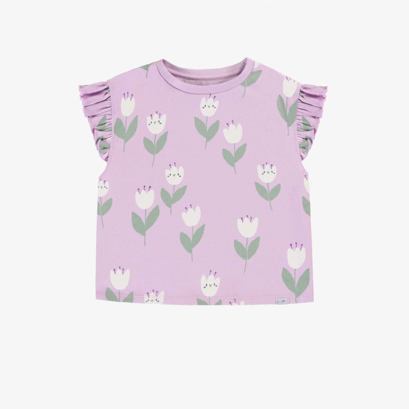 Loose-fitting lilac t-shirt with tulip all over print in stretch jersey, child