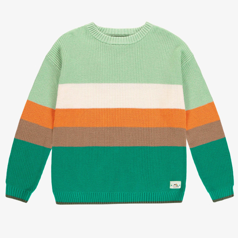 Long sleeves rib knit sweater green, cream and orange, adult