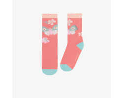 Pink socks with colorful butterfly and flowers, child