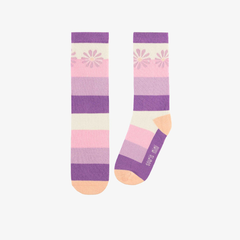 Purple and pink socks with stripes and flowers, child, child