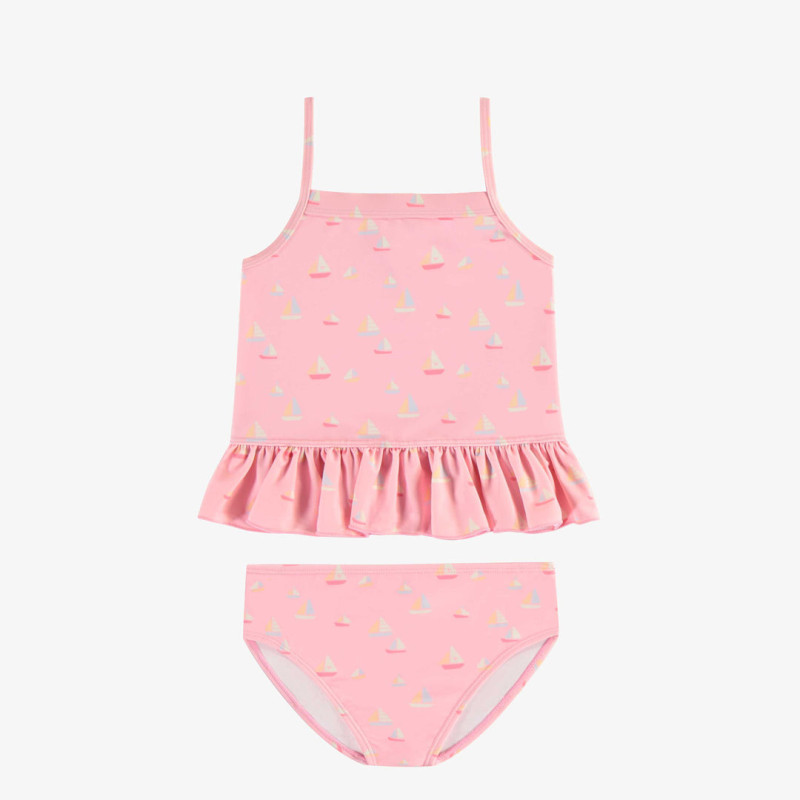 Light pink two pieces swimsuit with sailboat print, child