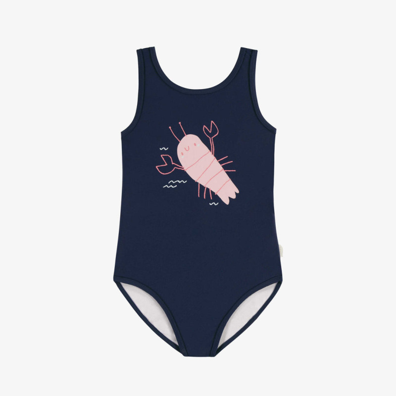 Navy one piece swimsuit with an illustration of crayfish, child