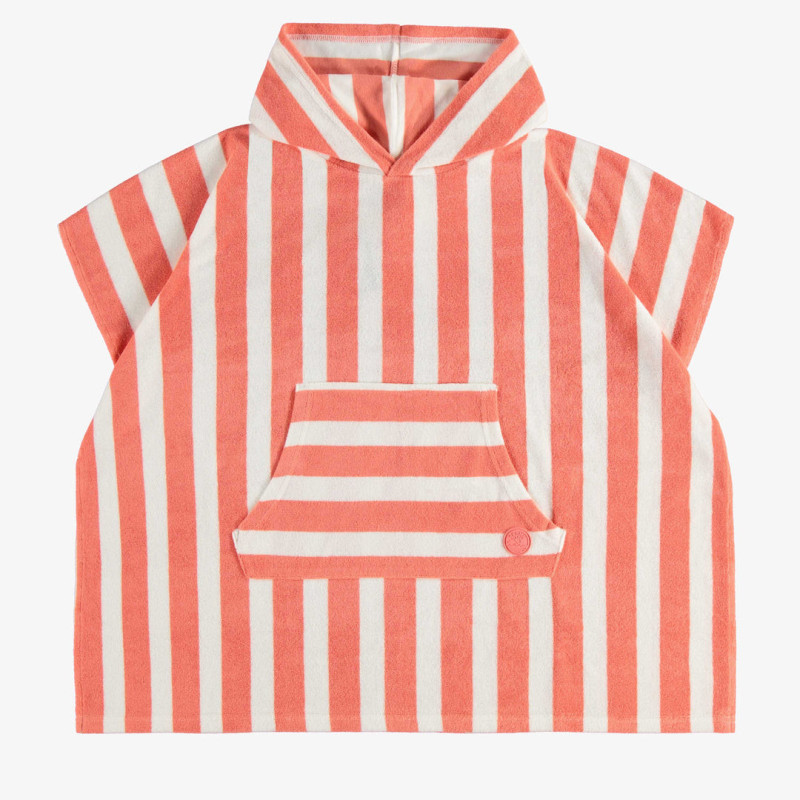 Peach and cream striped bathrobe with a hood in terry, child