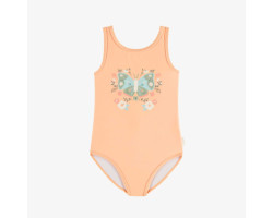 Peach one piece swimsuit with an illustration of butterfly, child