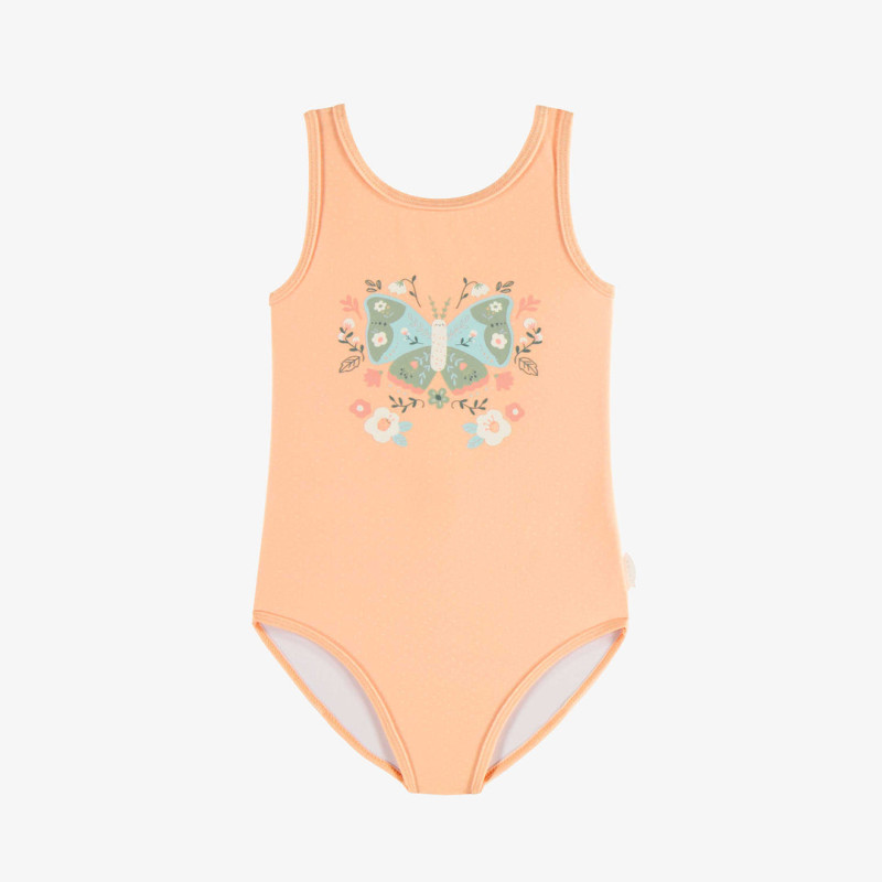 Peach one piece swimsuit with an illustration of butterfly, child