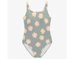 Sage green one-piece swimwear with peach large flowers, adult