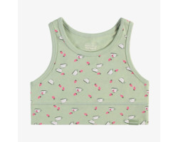 Short sage green camisole with strawberry and cup motifs in stretch cotton, child