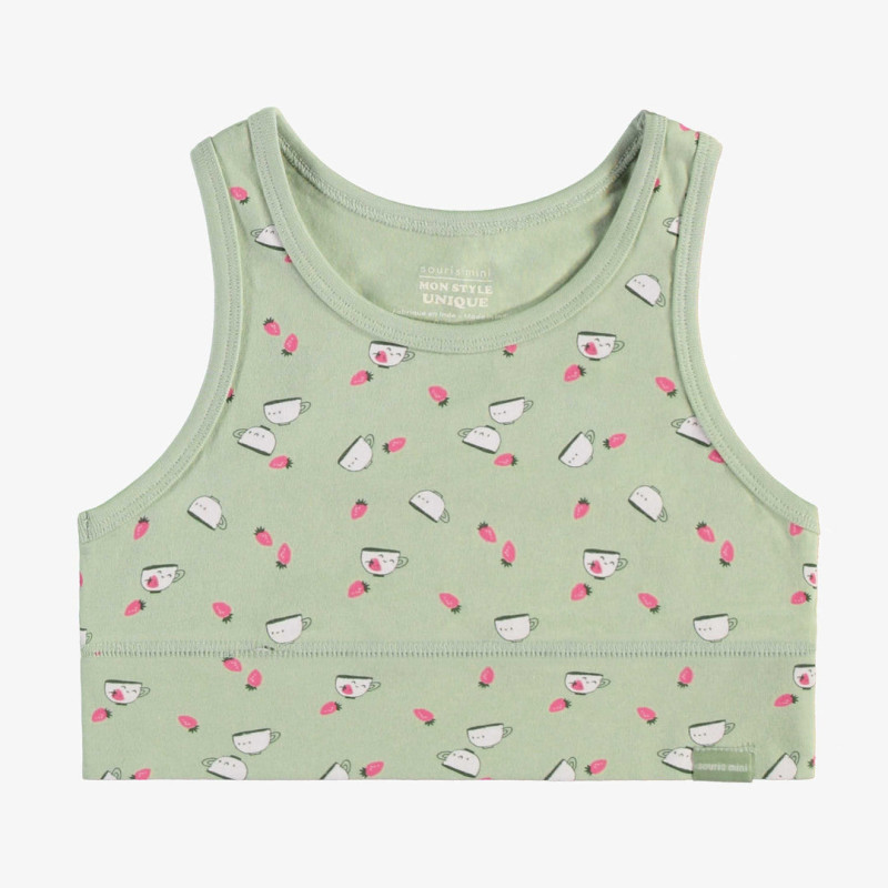 Short sage green camisole with strawberry and cup motifs in stretch cotton, child