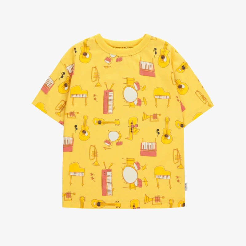 Loose-fitting yellow t-shirt with musical instruments all over print in soft jersey, child