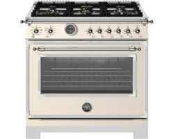 36" Freestanding Dual Fuel Range, 6 Sealed Burners, Ivory, Bertazzoni Heritage Series HER366BCFEPAVT