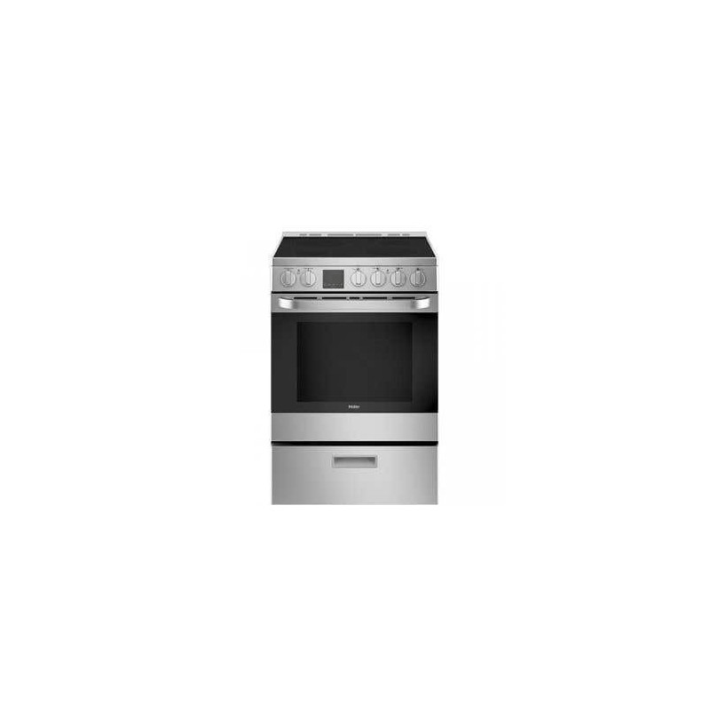 Cuisinière électrique 24 po autoportante, 4 brûleurs radiants et tiroir, rangement, acier inoxydable, Haier QCAS740RMSS