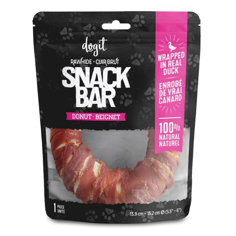 Beignets de cuir brut enrobés de canard Snack Bar pour chiens, 1 unité, diam 5,5 – 6 po – Dogit