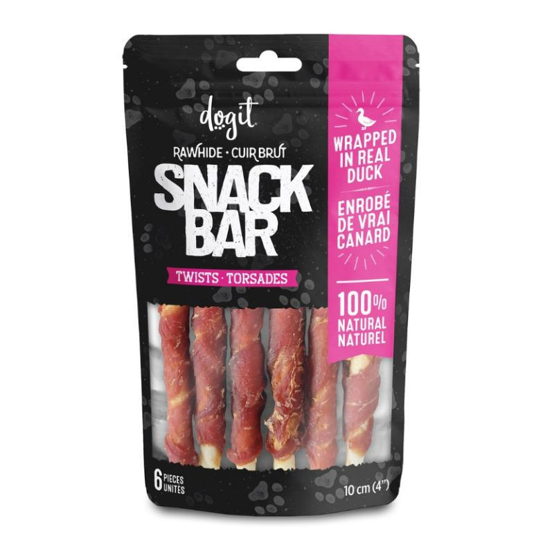 Torsades de cuir brut enrobés de canard Snack Bar pour chiens, 6 unités, 10 cm (4 po) – Dogit