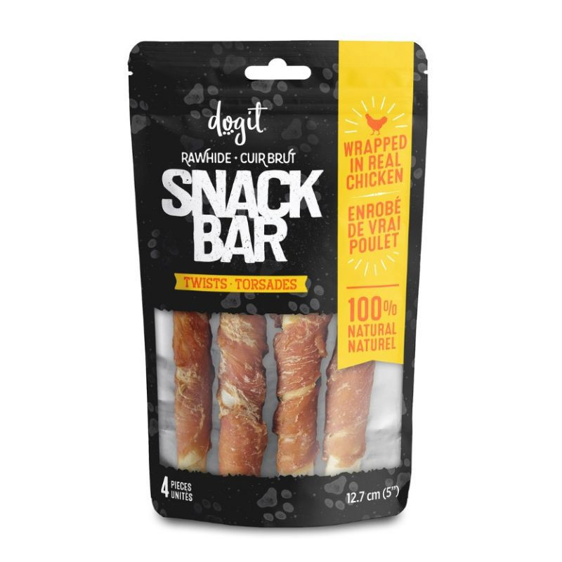 Torsades de cuir brut enrobés de poulet Snack Bar pour chiens, 4 unités, 12.7 cm (5 po) – Dogit