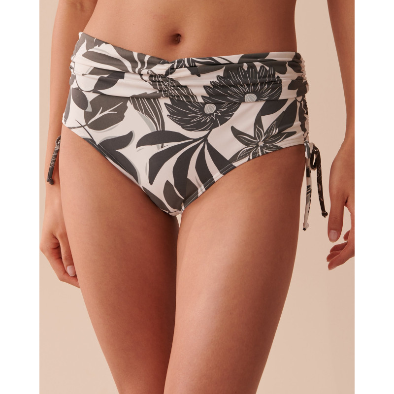 Bas de bikini taille haute plissée KHAKI GREY FLORAL