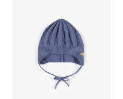 Blue knitted hat with cords, newborn