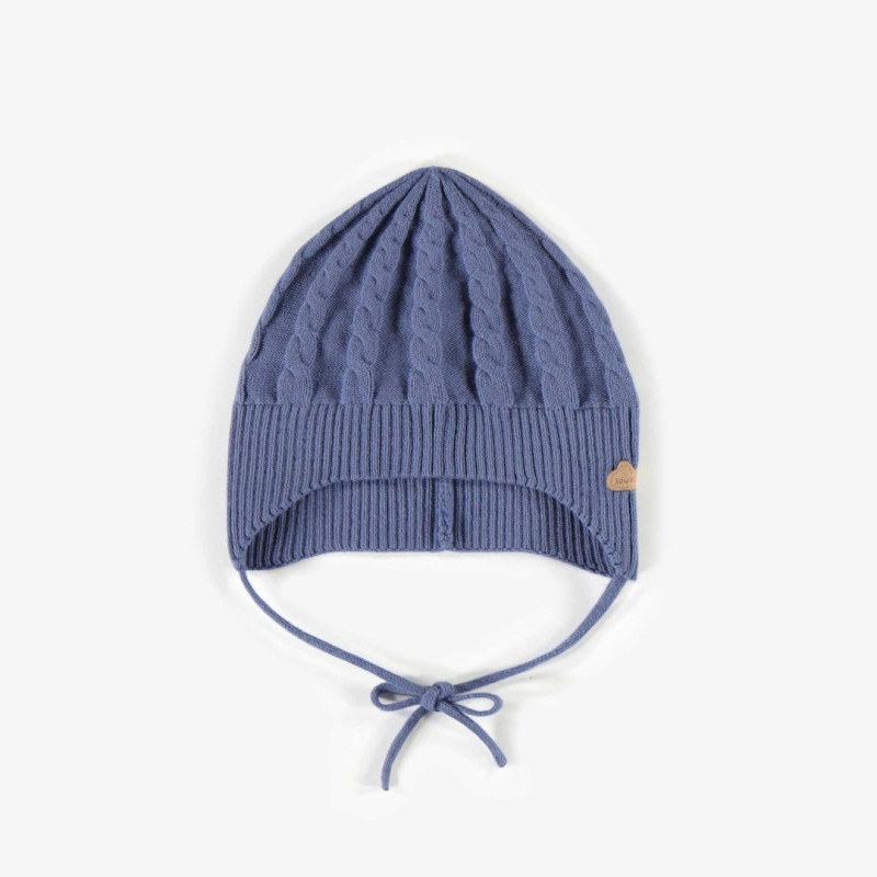 Blue knitted hat with cords, newborn