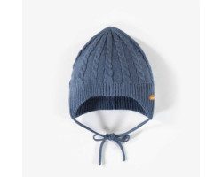 Blue knitted hat with cords, newborn