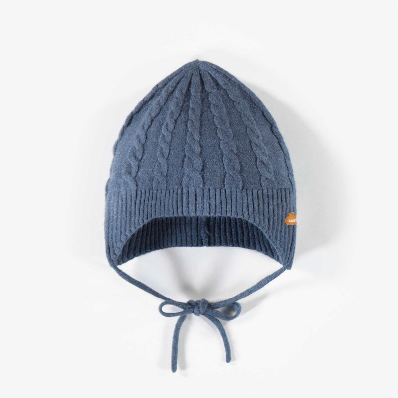 Blue knitted hat with cords, newborn