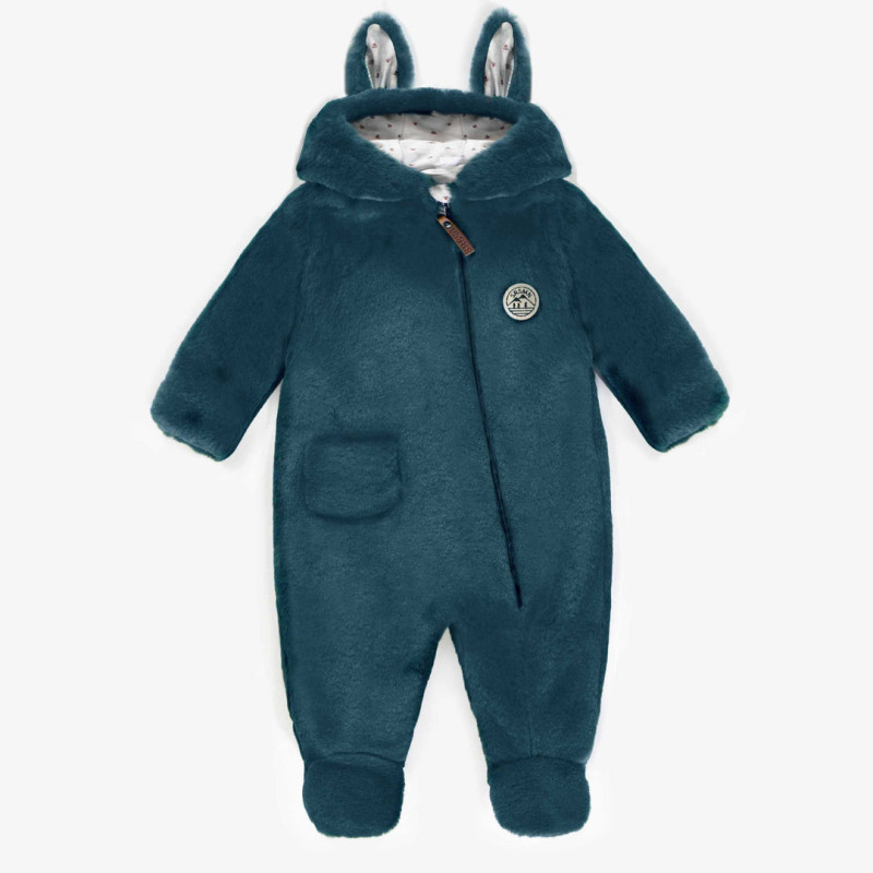 Teal one-piece with integrated feet in faux fur, newborn