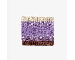 Purple and cream knitted neck warmer with a jacquard print, baby