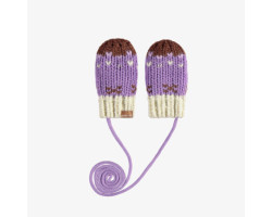 Purple knitted mittens with a jacquard print and a cord, baby