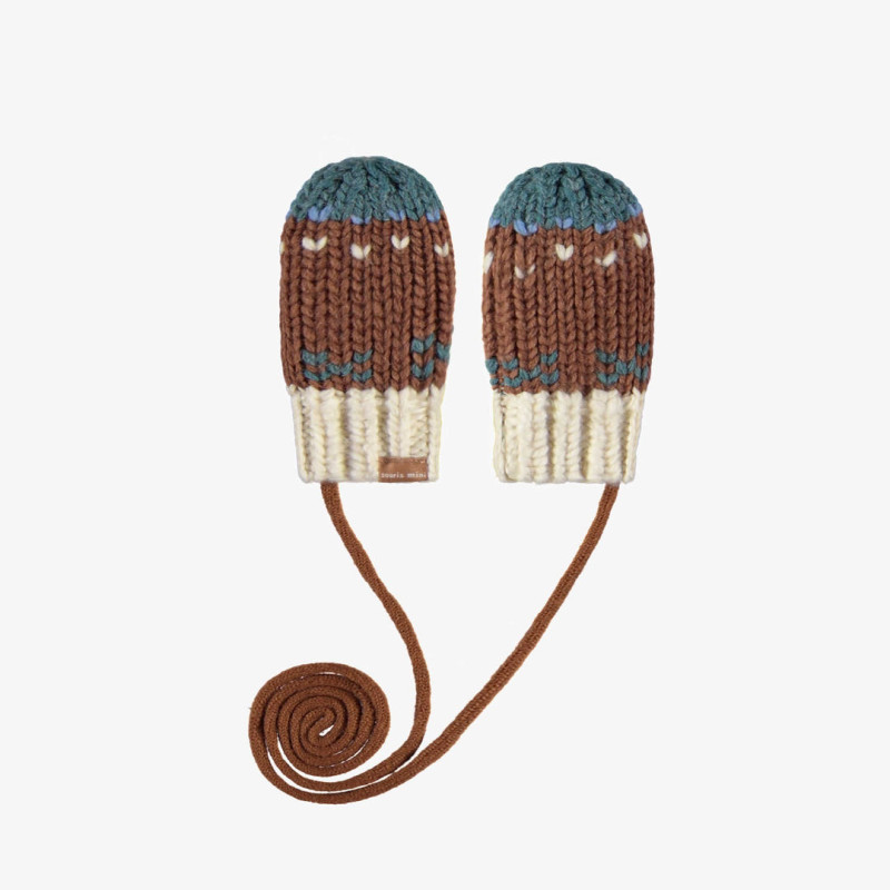 Brown knitted mittens with a jacquard print and a cord, baby