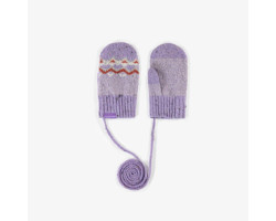 Purple jacquard knitted mittens with string, baby