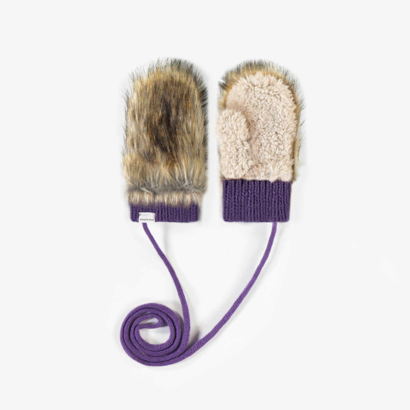 Purple faux fur mittens with string, baby