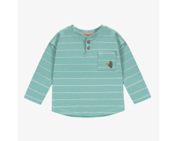 Blue-green striped long sleeves t-shirt with henley collar in jersey, baby