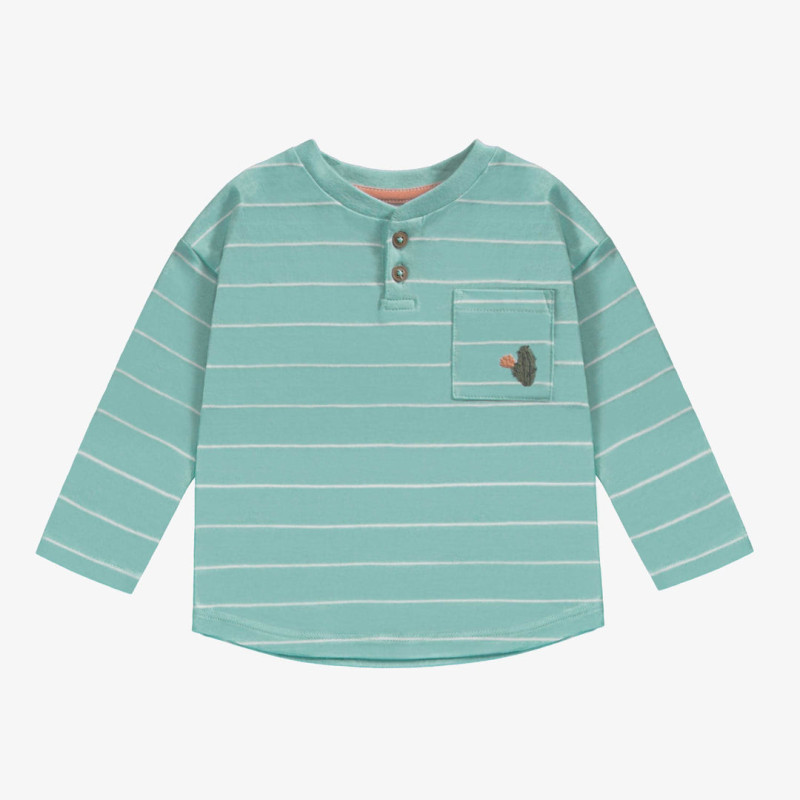 Blue-green striped long sleeves t-shirt with henley collar in jersey, baby