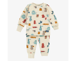 Cream two piece pajamas with colorful dog all over prints in jersey, baby