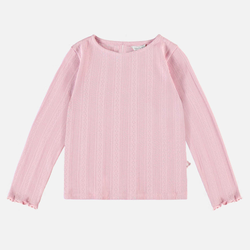 Long-sleeved slim fit pink t-shirt in ribbed pointelle, child