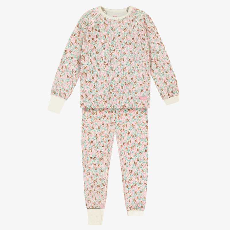 Cream floral two piece pajamas in soft crinkled cotton jersey, enfant