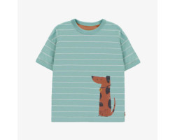 Blue-green striped short sleeves t-shirt with a dog in jersey, child