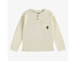 Cream long sleeved t-shirt with henley collar in waffled cotton, child