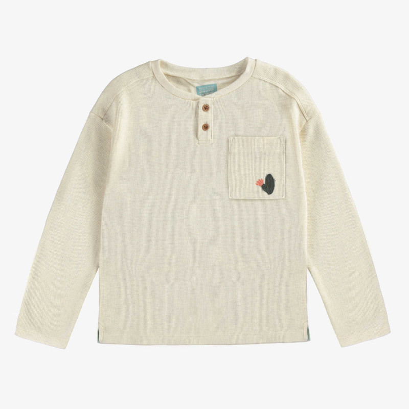 Cream long sleeved t-shirt with henley collar in waffled cotton, child